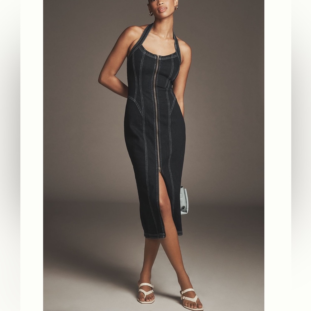 Anthropologie Pilcro Front-Zip Halter Denim
Midi Dress. Size XL. MSRP $178
